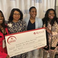 On the right, its Charlene Gayle, a member of the NYC Mayor Eric Adam’s Minority and Women-owned Business Enterprise (M/WBE) Advisory Council and the three other ladies on the left are members of the Resorts World NYC Gives holding a sign of a donation made towards the NYSABPRHAL scholarship program and the organization itself.