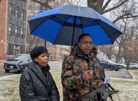 Senator Zellnor Y. Myrie addesses a press confrernce on a rainy Thursday flanked by New York City Council Member Rita Joseph, the Haitian-born representative for the 40th Council District in Brooklyn