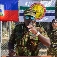 Jack O. Ombaka spokesman for the Multinational Security Mission in Haiti (MMS) addresses the press as second contingent of 70 Salvadoran soldiers arrive in Haiti to join UN-backed multinational force aimed at combating armed criminal gangs in Port-Au-Prince, Haiti on February 04, 2025. Despite the presence of the multinational force, gangs continue to wreak havoc in metropolitan areas of Port-au-Prince.