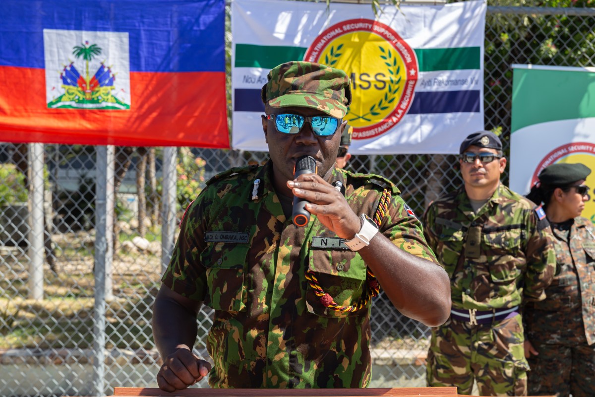 Jack O. Ombaka spokesman for the Multinational Security Mission in Haiti (MMS) addresses the press as second contingent of 70 Salvadoran soldiers arrive in Haiti to join UN-backed multinational force aimed at combating armed criminal gangs in Port-Au-Prince, Haiti on February 04, 2025. Despite the presence of the multinational force, gangs continue to wreak havoc in metropolitan areas of Port-au-Prince.