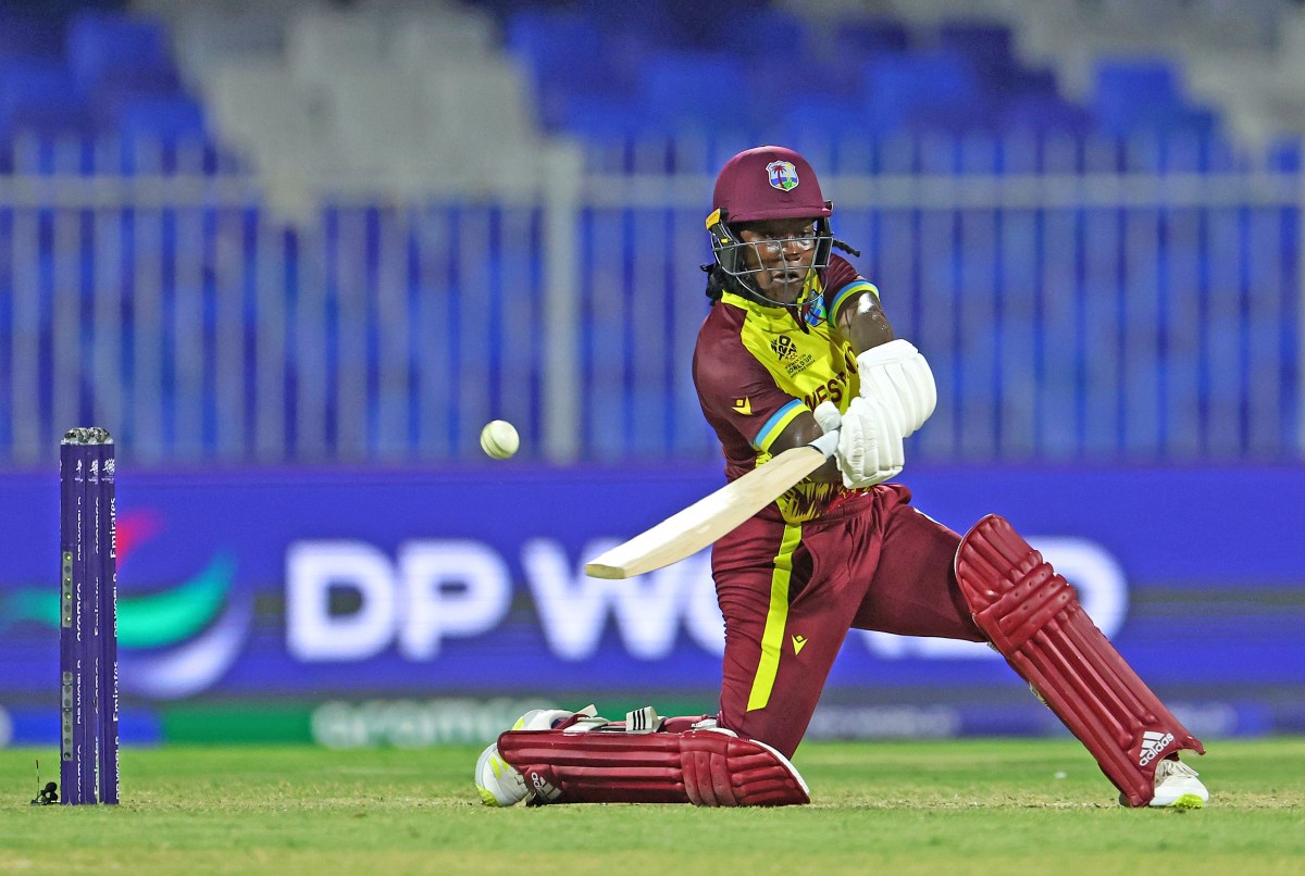 Deandra Dottin of West Indies bats during the ICC Women's T20 World Cup Semi-Final 2024 match between West Indies and New Zealand at Sharjah Cricket Stadium on Oct.r 18, 2024 in Sharjah, United Arab Emirates.