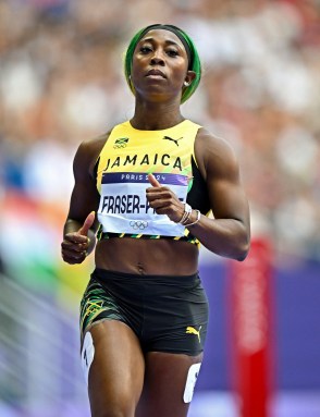 Shelly-Ann Fraser-Pryce of Team Jamaica after finishing 2nd during round 1 of the women's 100m at the Stade de France during the 2024 Paris Summer Olympic Games in Paris, France.