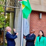 Supervisor Don Clavin, Hempstead Town Board, left, Consul General of Guyana to New York, Michael E. Brotherson, Permanent Representative to the UN, Carolyn Rodrigues Birkett, during an Independence flag raising ceremony last year.