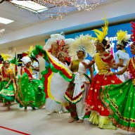 The colorfully dressed students of the Saraswatie Dance Academy, Queens, put on a stirring chutney, Soca, and Calypso presentation to wow the audience at the Guyana 55th Republic Anniversary Interfaith Church Service and Mashramani collage at St. Gabriel Episcopal Church, Hawthorne Street, Brooklyn, on Feb. 23.