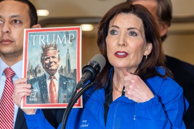 New York Governor Kathy Hochul addresses the media following President Trump's efforts to kill New York's congestion pricing on Feb. 19, 2025 in New York City.