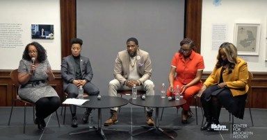 Screengrab of panel: From left, panel moderator Linda Tigani with NYC Council Member Crystal Hudson, Public Advocate Jumaane Williams, Council Member Dr. Nantasha Willams, and Council Member Farah Louis.