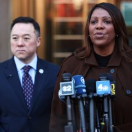 NY Attorney General Letitia James speaks as Connecticut Attorney General William Tong (L) listens on during a press conference on the Department of Government Efficiency (DOGE) at Manhattan Federal Courthouse on Feb. 14, 2025 in New York City.