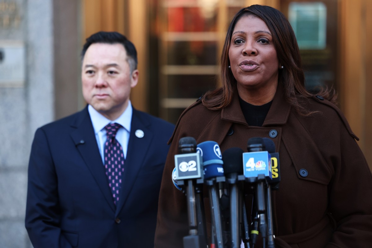 NY Attorney General Letitia James speaks as Connecticut Attorney General William Tong (L) listens on during a press conference on the Department of Government Efficiency (DOGE) at Manhattan Federal Courthouse on Feb. 14, 2025 in New York City.