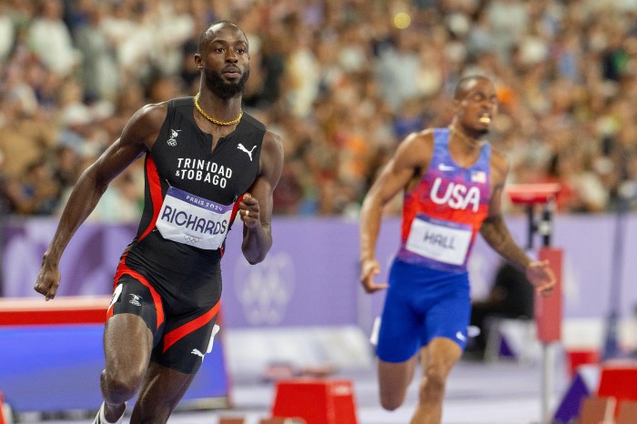 Jereem Richards of Trinidad and Tobago competes in the Men's 400m final on day twelve of the Olympic Games Paris 2024 at Stade de France on Aug. 7, 2024 in Paris, France.