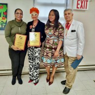 Honorees Elizabeth Mitchell, principal 27Q064 Queens; Tangerine Clarke, Caribbean Life contributor; Dr. Veronica Wiltshire, moderator; and Dr. Dhanpaul Narine, founder of the Queens Book Fair & Literary Festival, Inc., after plaques were presented on behalf of the organization., during a Black History presentation, at the Queens Library Richmond Hill Branch, on Feb. 8.