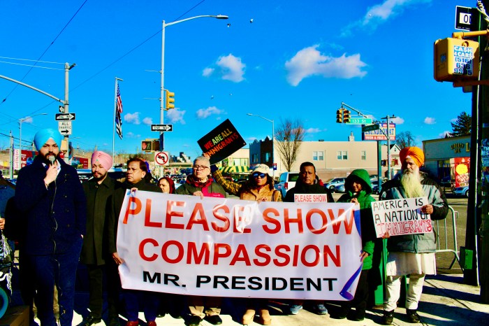 Candidate for NY City Council District 28, Janeet Singh, left, is pictured with a resident, District Leader Albert Baldeo, Dr. Dhanpaul Narine, Bibi Alli, and others, who pleaded with President Trump for compassion, and to make a pathway to legal status, for law-abiding immigrants, who are business owners, and parents of professional children, during a demonstration in Richmond Hill, Queens.