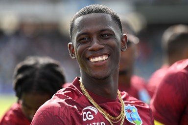 Shamar Joseph of the West Indies during the 3rd One-Day International between the West Indies and England at Kensington Oval on Nov. 06, 2024 in Bridgetown, Barbados.