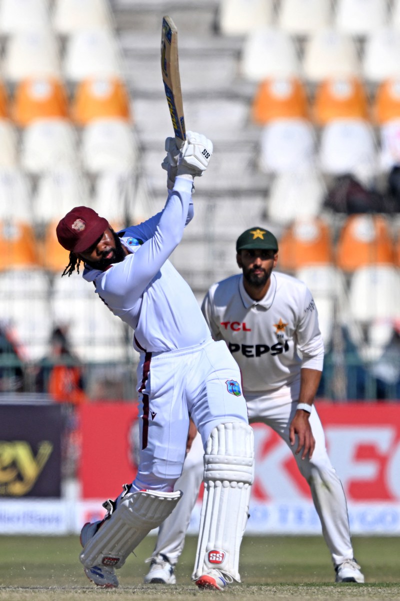 West Indies' Jomel Warrican (L) plays a shot during the first day of the second Test cricket match between Pakistan and West Indies at the Multan Cricket Stadium in Multan on Jan. 25, 2025.