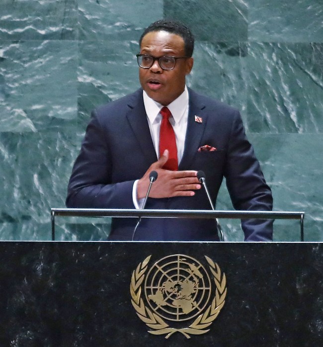 Trinidad and Tobagos Minister for Foreign and CARICOM Affairs Amery Browne speaks during the 79th Session of the United Nations General Assembly at the United Nations headquarters in New York City on September 28, 2024.