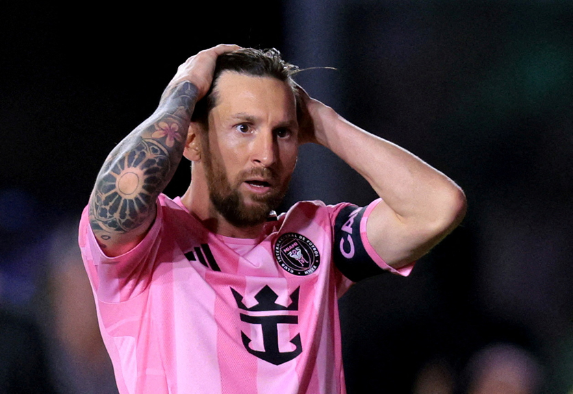 Inter Miami CF forward Lionel Messi (10) reacts against New York City FC during the second half at Chase Stadium.