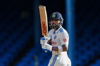 Virat Kohli, of India, hits 4 on the first day of the second Test cricket match between India and West Indies at Queen's Park Oval in Port of Spain, Trinidad and Tobago, July 20, 2023.