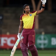 Hayley Matthews of the West Indies celebrates scoring a century during game two of the T20 International series between Australia and the West Indies at North Sydney Oval on Oct. 02, 2023 in Sydney, Australia.