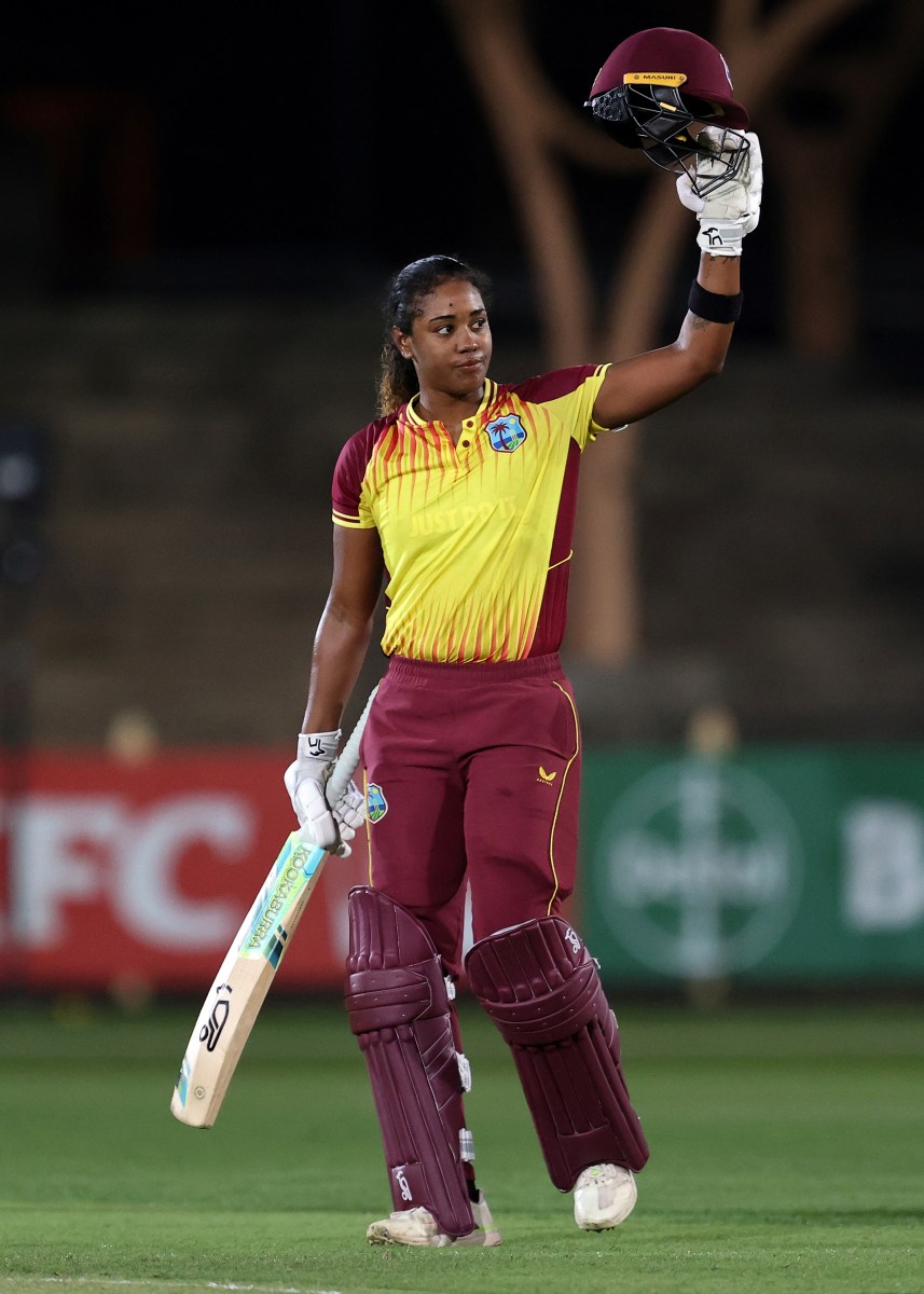 Hayley Matthews of the West Indies celebrates scoring a century during game two of the T20 International series between Australia and the West Indies at North Sydney Oval on Oct. 02, 2023 in Sydney, Australia.