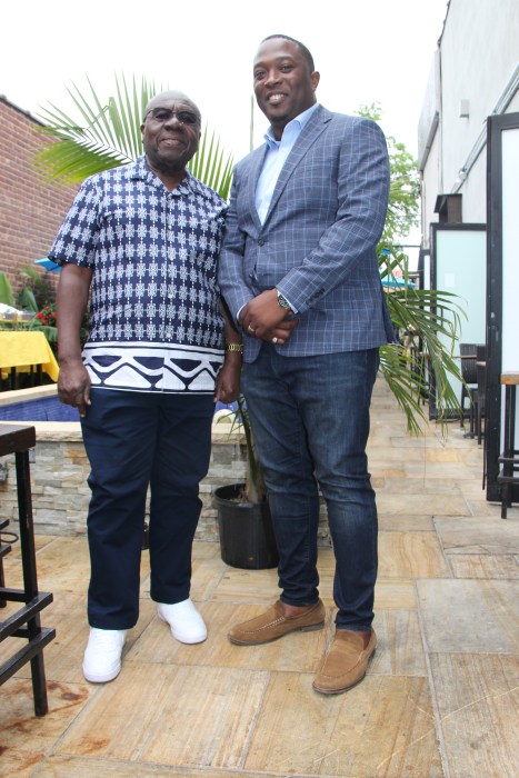 Renowned Jamaican comedian and entertainer Oliver Samuels (left) with Dominic Christopher, the Jamaican-born president of the Brooklyn-based Caribbean American Restaurant Association (CARA), at the launch of the inaugural National Caribbean American Restaurant Week in June 2021 at Suede Restaurant in East Flatbush, Brooklyn.