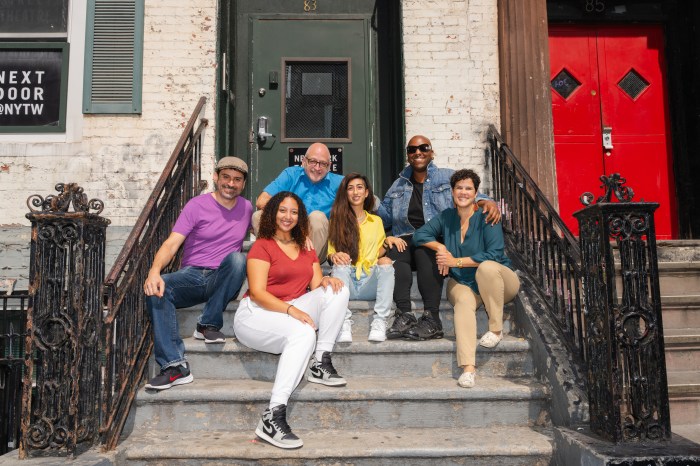 From left, Marco Antonio Rodriguez (playwright), Angela Reynoso (actor), Tony Macy-Perez (actor), Shadi Ghaheri (actor), Willie the Genius (actor), and Mino Lora (director).