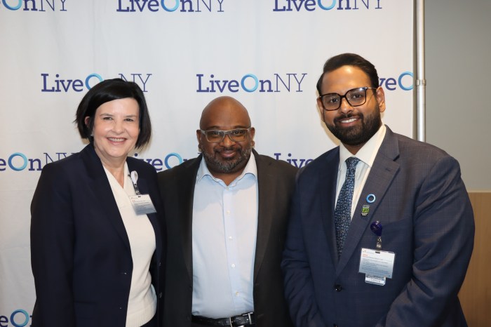 Karen Paige, executive vice president & chief operating officer of EHS, and Bevin Mathew (right), director of Quality Management at EHS, were honored during the LiveOnNY Healthcare Hero Appreciation event. They are pictured with Leonard Achan, president and chief executive officer of LiveOnNY.