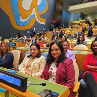 Permanent representative of Guyana to the UN, Ambassador Carolyn Rodrigues-Birkett, (second from left), Dr. Vindhya Persaud, minister of Human Services and Social Security, and other delegates.